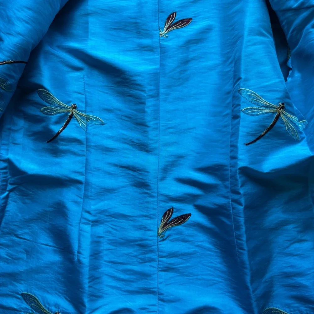 Gump's Y2K Women's Chic Artisan Embroidered Dragonfly Navy Turquoise Jacket 6